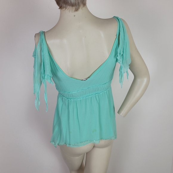 Y2K beaded silk blend mint green top asymmetric hem. - Picture 6 of 15